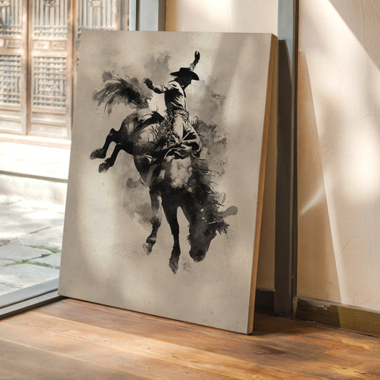 Canvas print of a horse painting in a room with wooden flooring and glass doors.