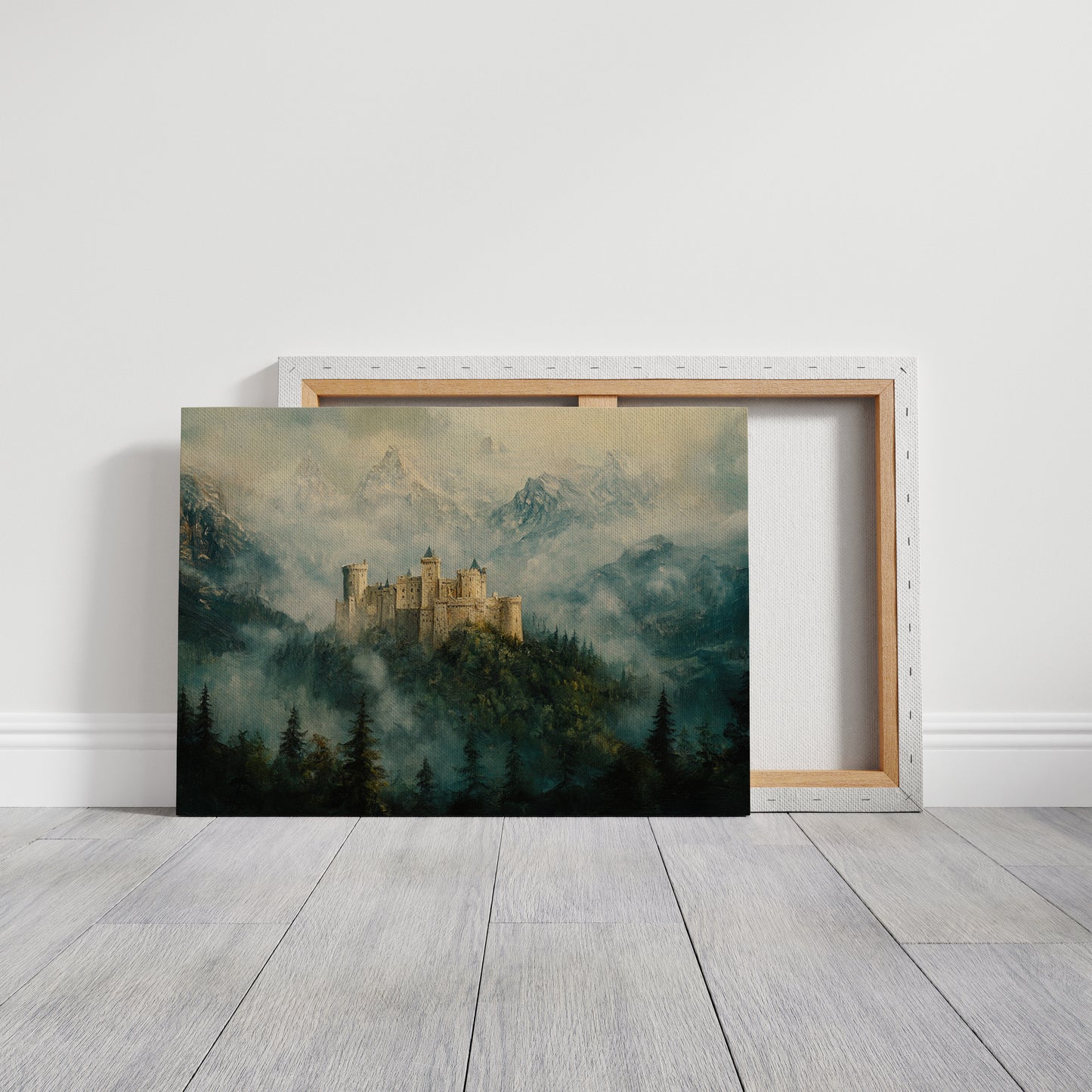 Misty Mountain Castle: Ethereal Fantasy Landscape Canvas Wall Art