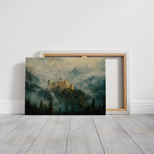 Misty Mountain Castle: Ethereal Fantasy Landscape Canvas Wall Art