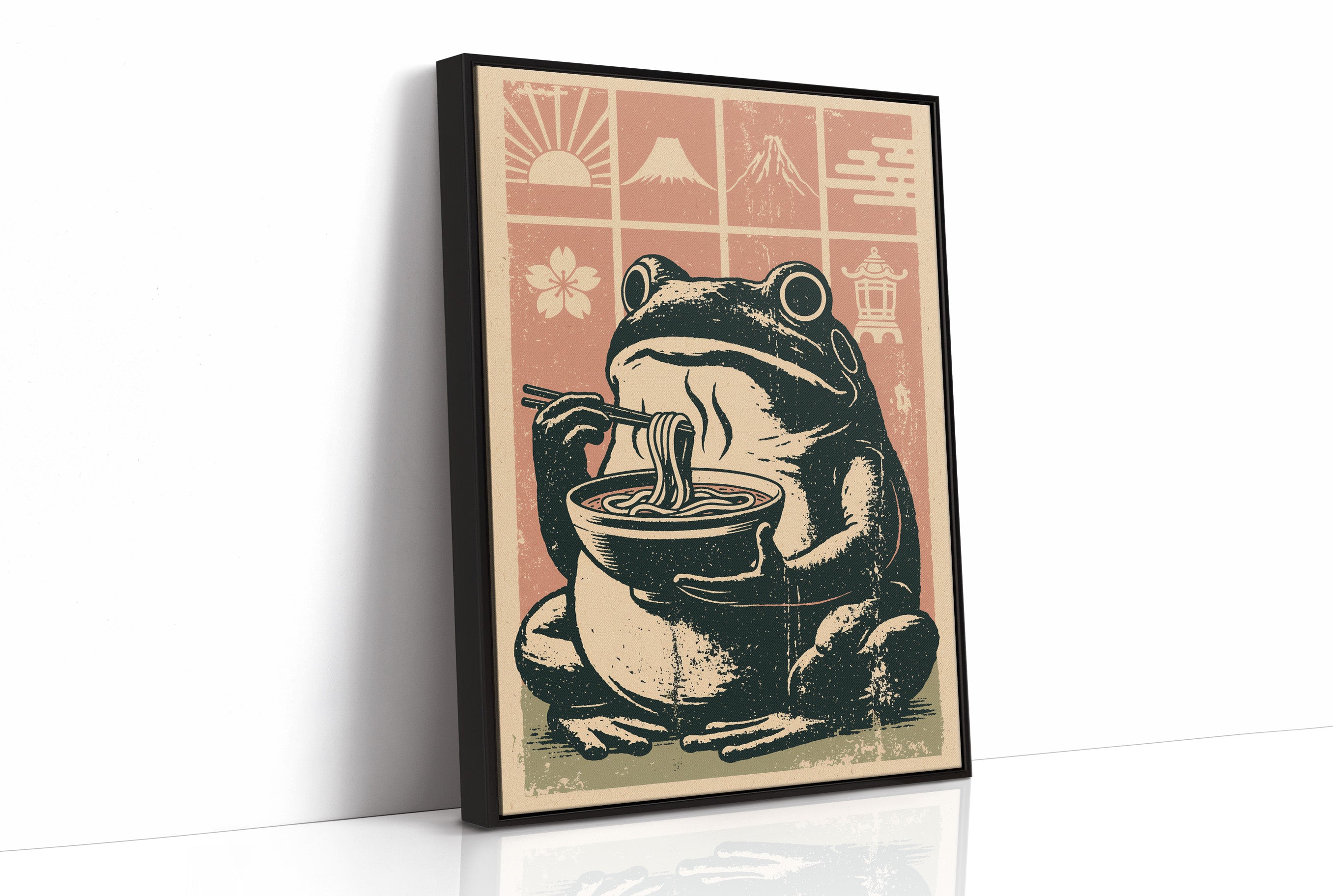 Steamy Ramen Toad: A Woodblock Frog's Slurp