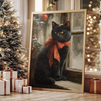 Midnight Cat Wears Holiday Ribbons
