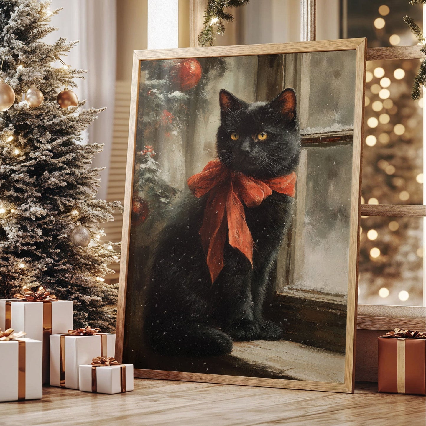 Midnight Cat Wears Holiday Ribbons
