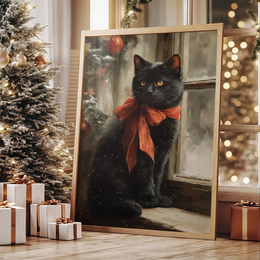 Midnight Cat Wears Holiday Ribbons