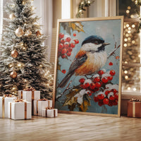 Winter Songbird Among Holly Berries