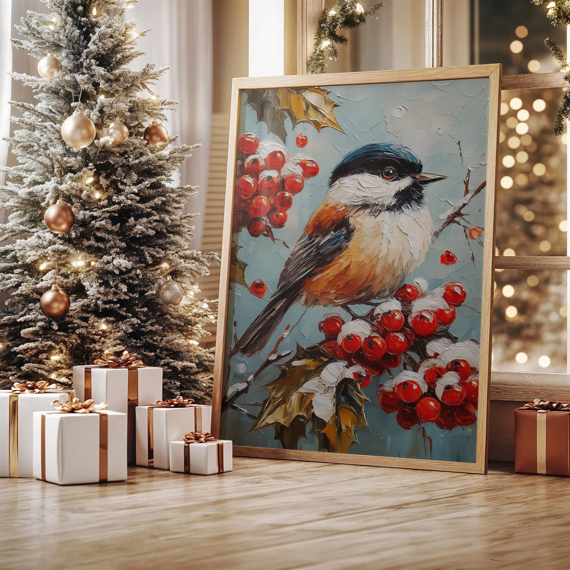 Winter Songbird Among Holly Berries