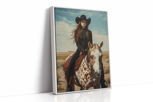 Desert Reins – Cowgirl on Paint Horse Portrait