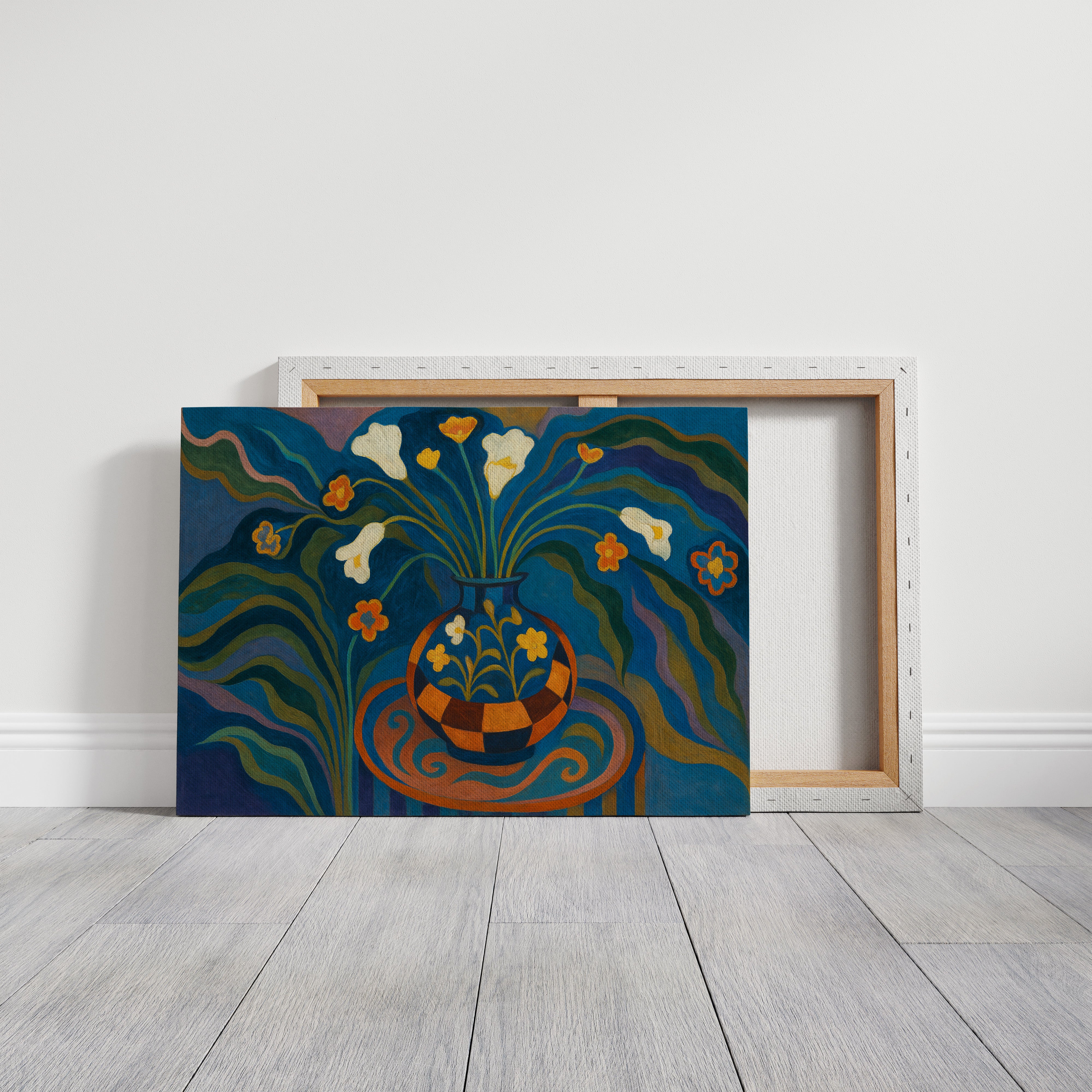 Moonlit Blooms in a Checkered Vase