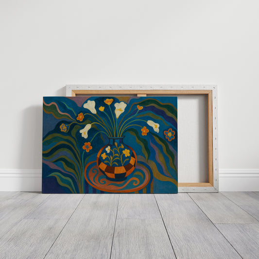Moonlit Blooms in a Checkered Vase