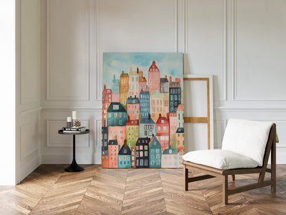 Colorful City Rowhouses Watercolor Print