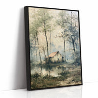 The Weathered Cottage: Misty Woodland Reflection