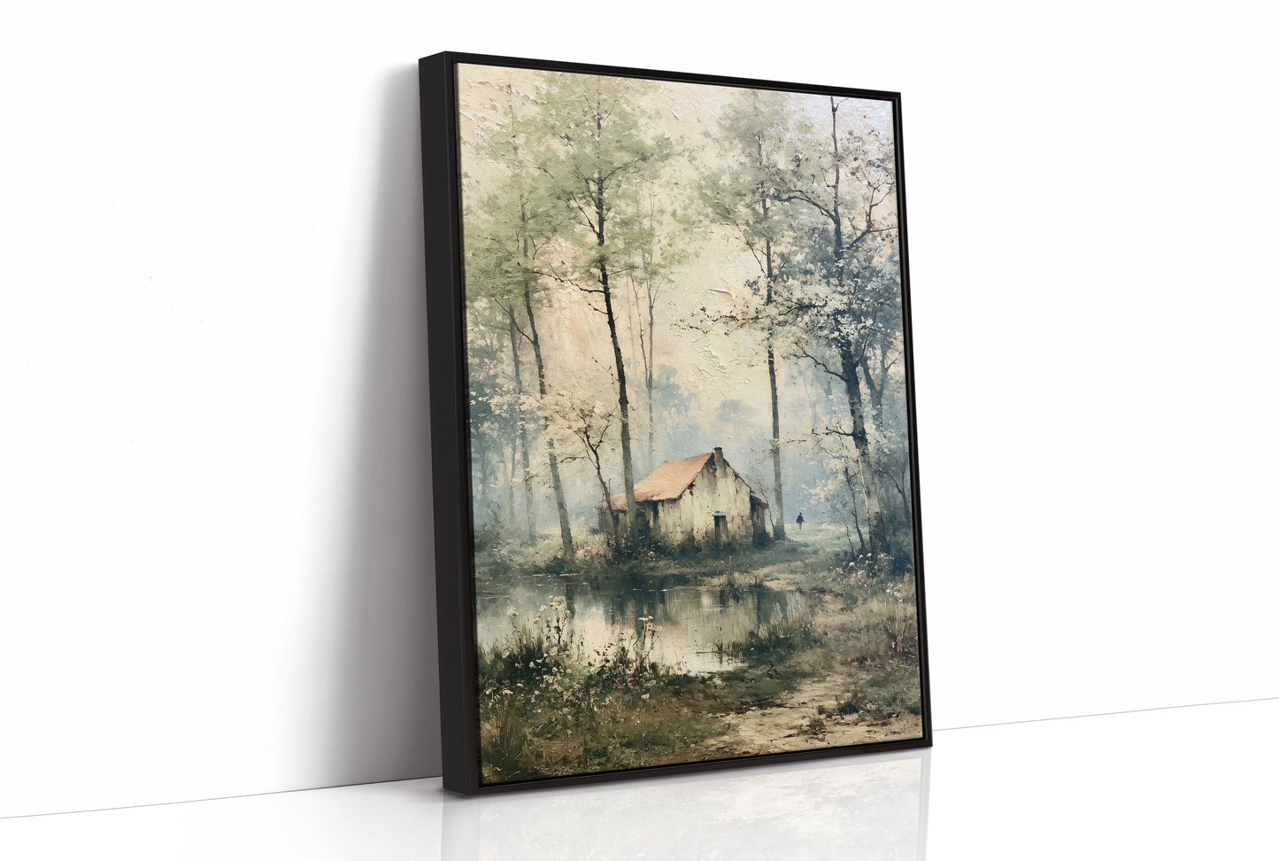 The Weathered Cottage: Misty Woodland Reflection