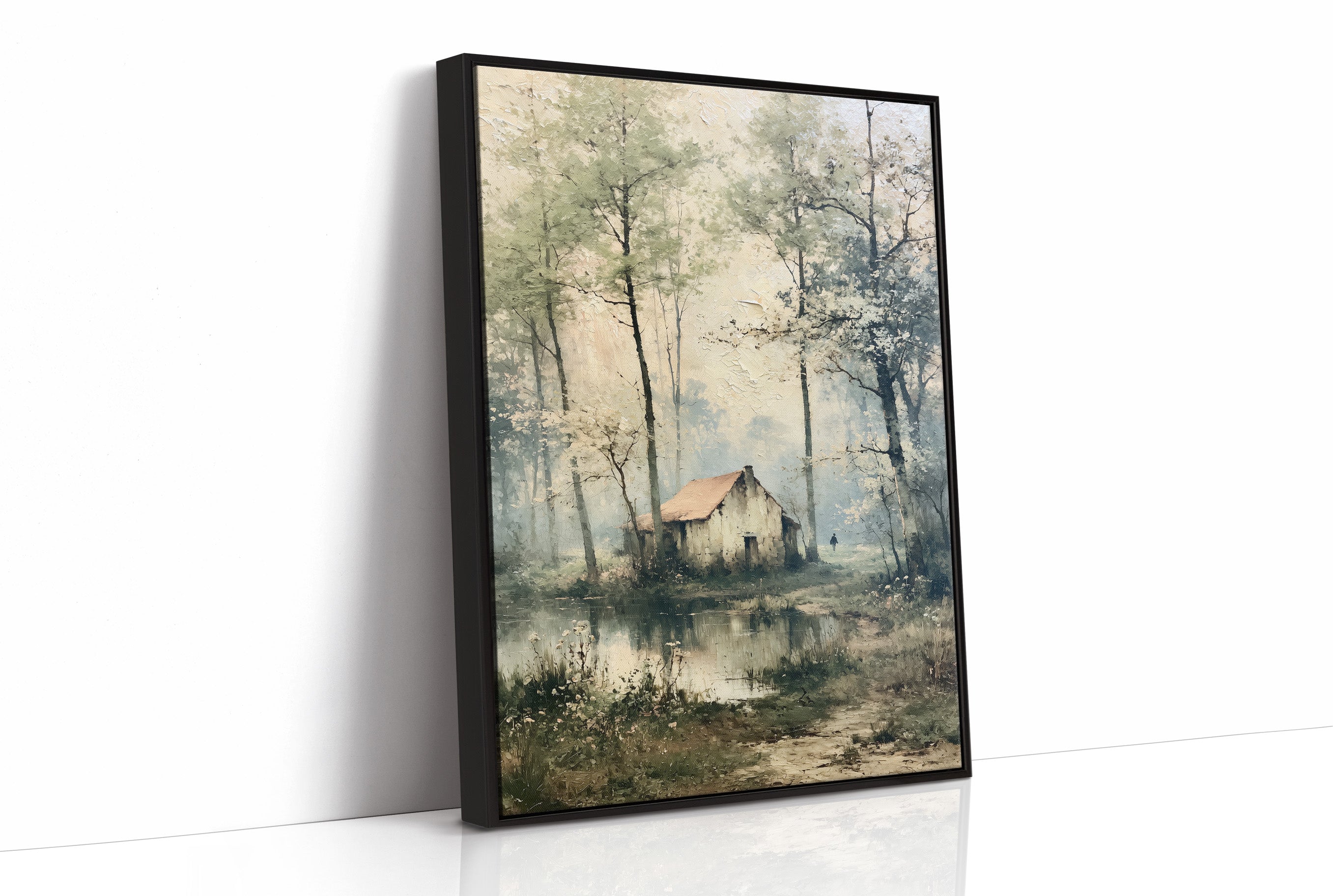 The Weathered Cottage: Misty Woodland Reflection