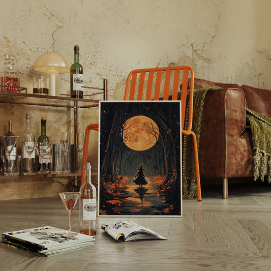 Witch Under Full Moon Art Print - Enchanting Autumn Scene - Gallery Canvas image 6