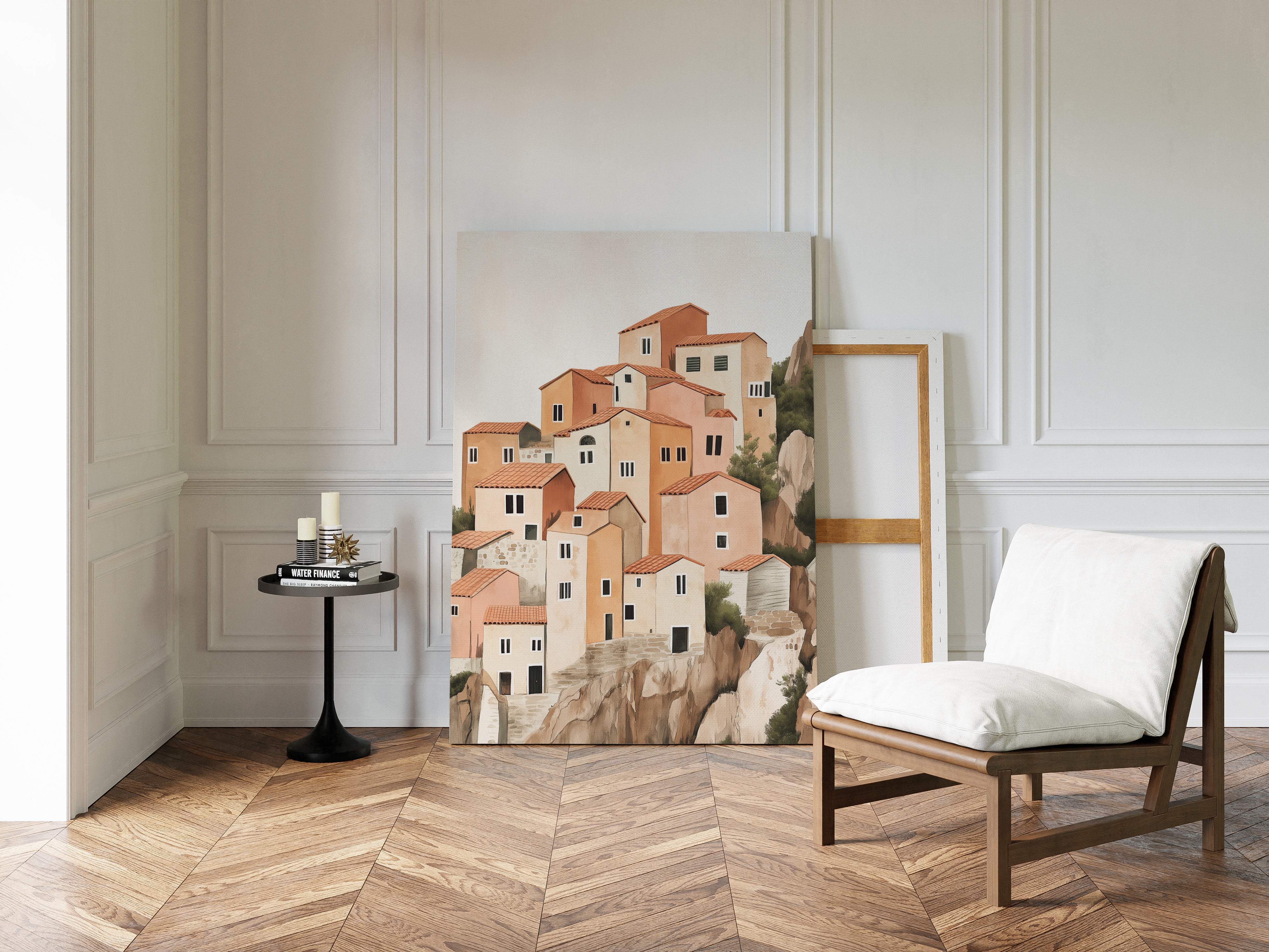 Sunlit Cliffside Village in Warm Earth Tones