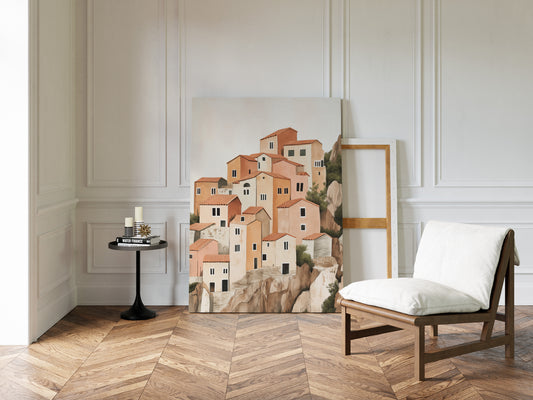 Sunlit Cliffside Village in Warm Earth Tones
