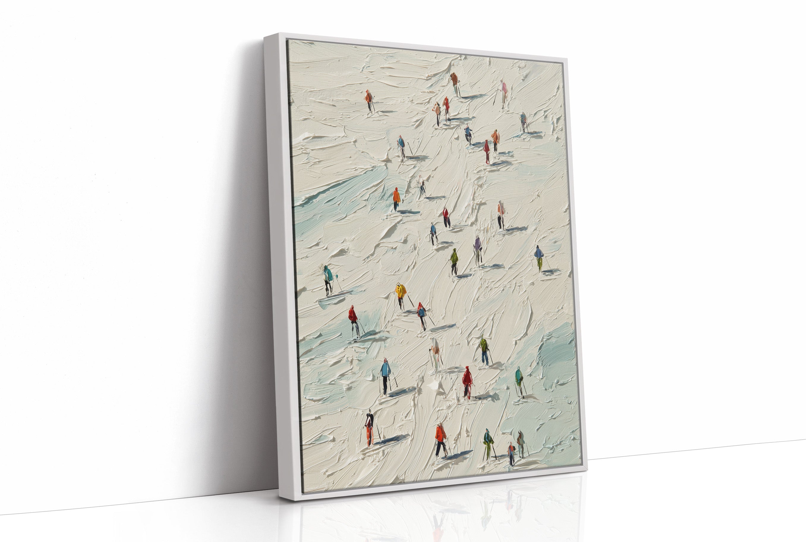 Colorful Specks Traverse Snowy Terrain