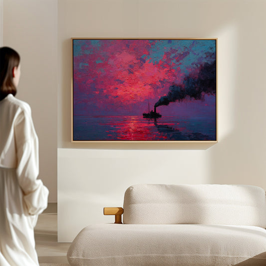 Steamship Sails Through Crimson Dawn