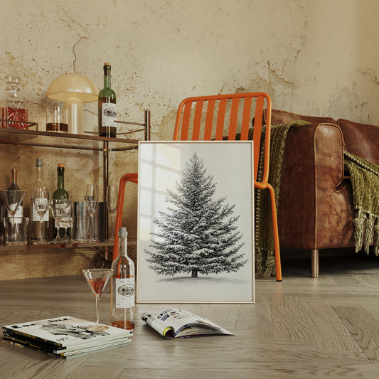Snow-Covered Pine Tree Drawing - Winter Botanical Art - Gallery Canvas image 3
