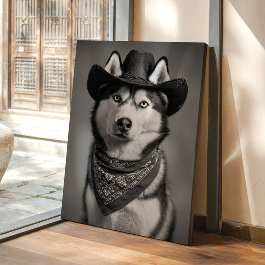 Canvas print of a dog wearing a cowboy hat in a room with wooden flooring and glass doors.