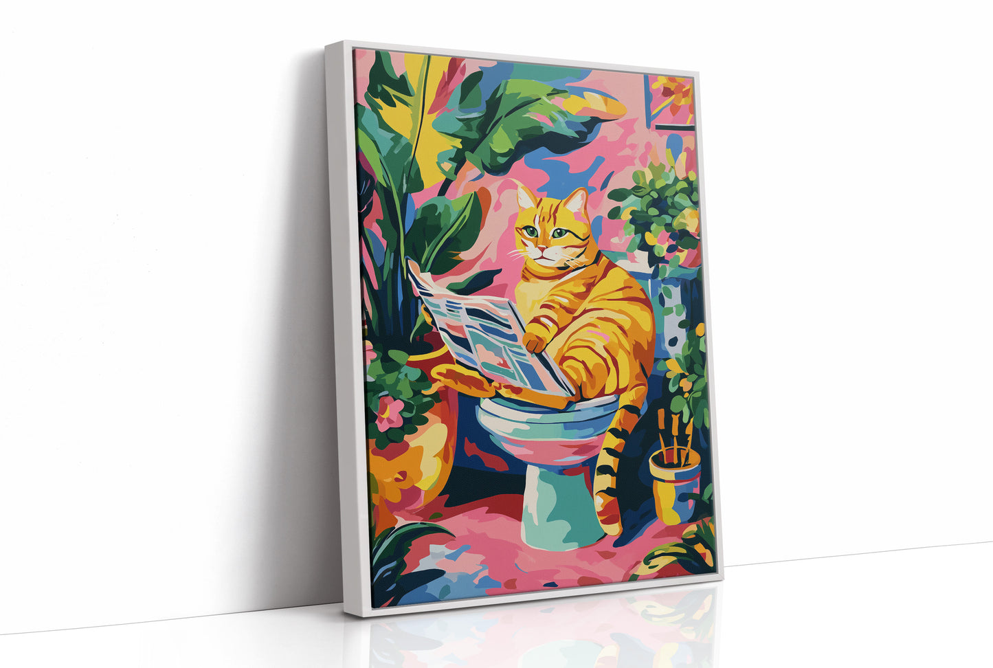 Feline Literary Moment in Vibrant Jungle