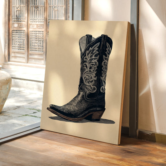 cowboy boot in black and white on a canvas