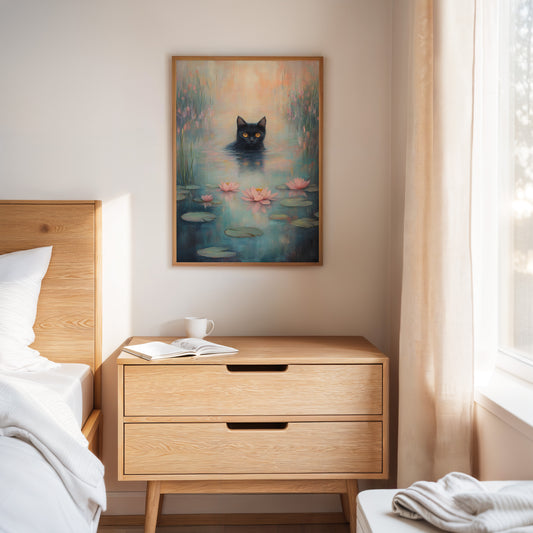 Mystical Black Cat in Water – Dreamy Water Lily Painting