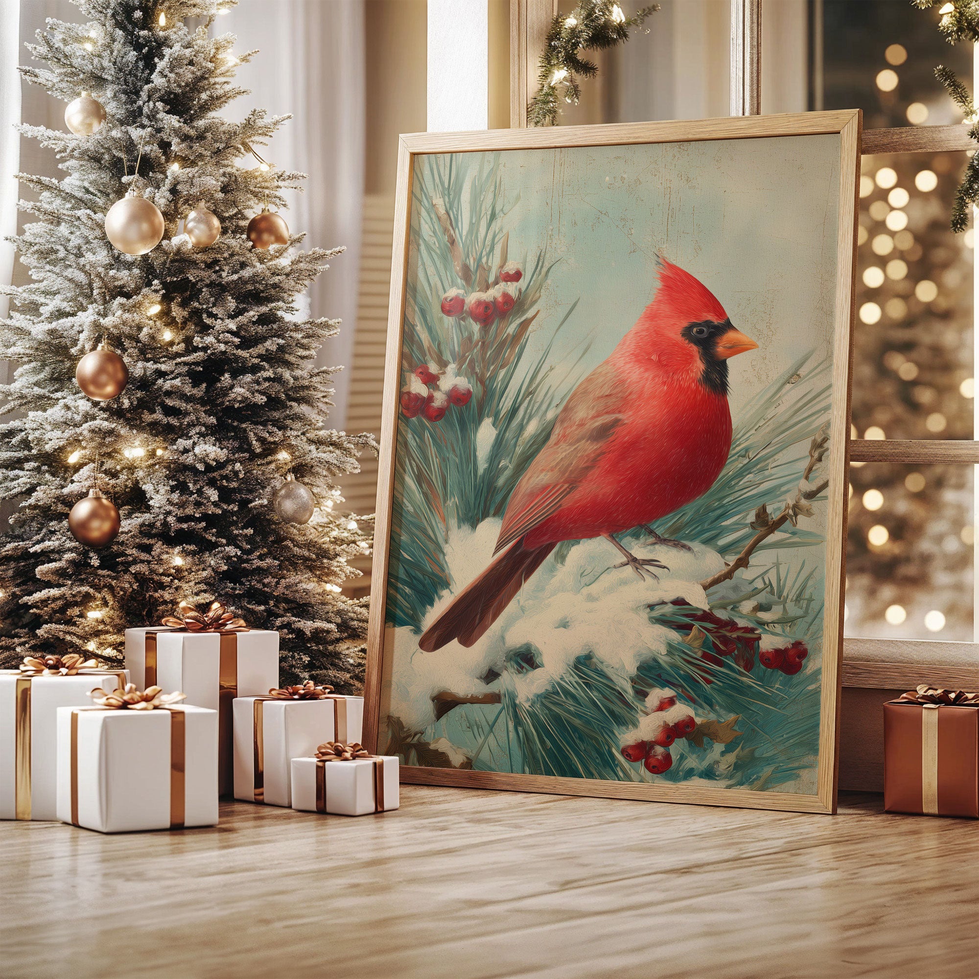 Crimson Wings Against Winter Pine