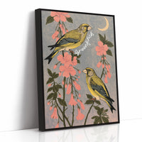 Greenfinches Beneath a Crescent Moon