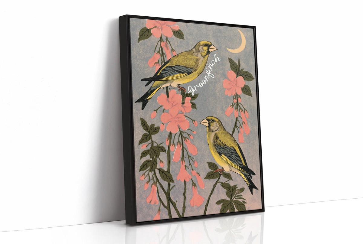 Greenfinches Beneath a Crescent Moon