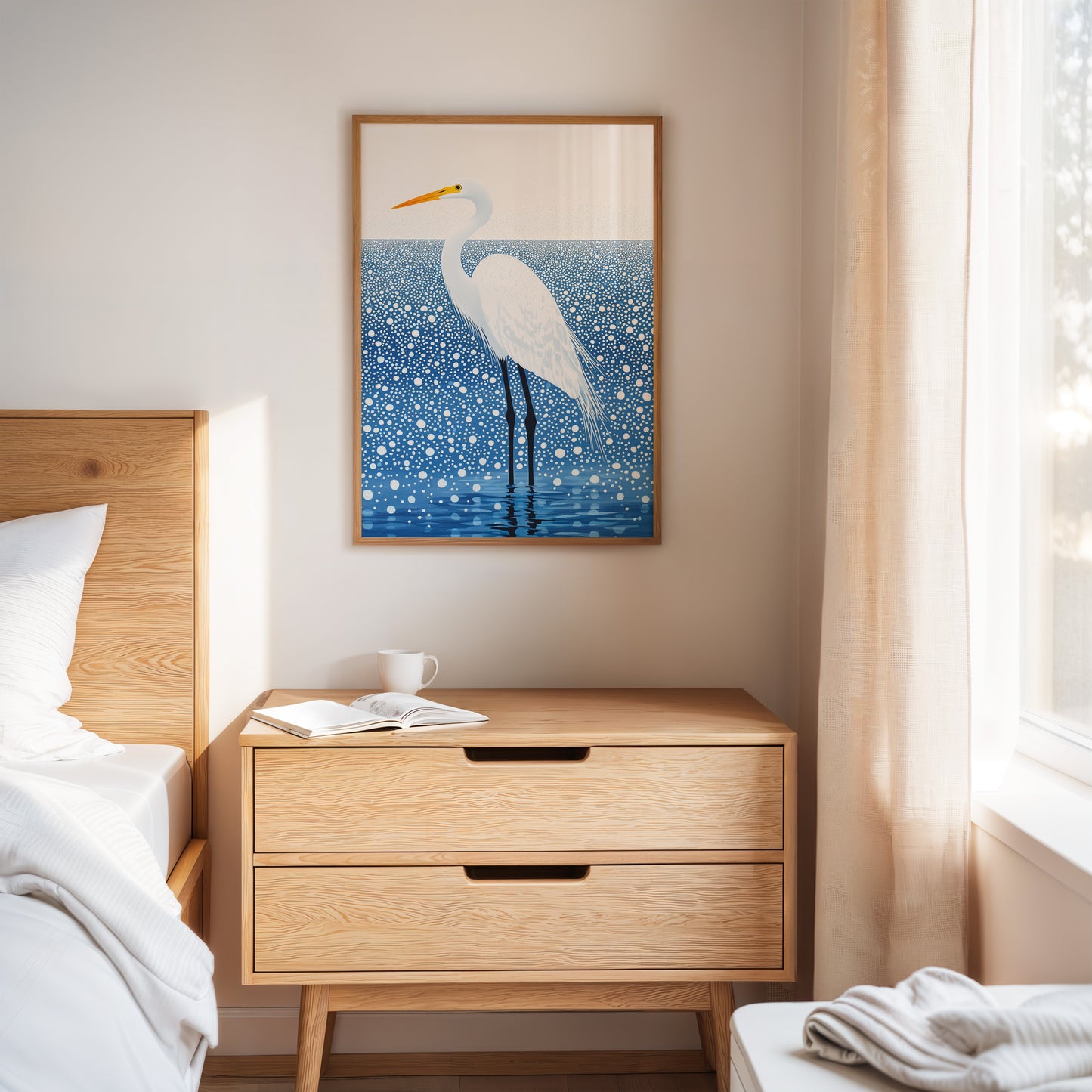 White Egret in Snowfall – Elegant Minimalist Bird Wall Art