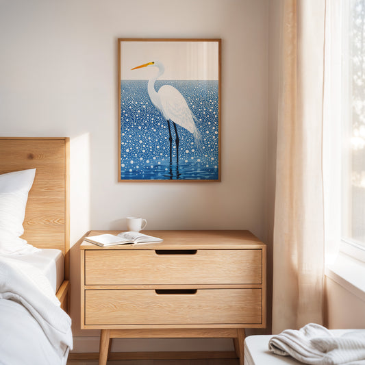 White Egret in Snowfall – Elegant Minimalist Bird Wall Art