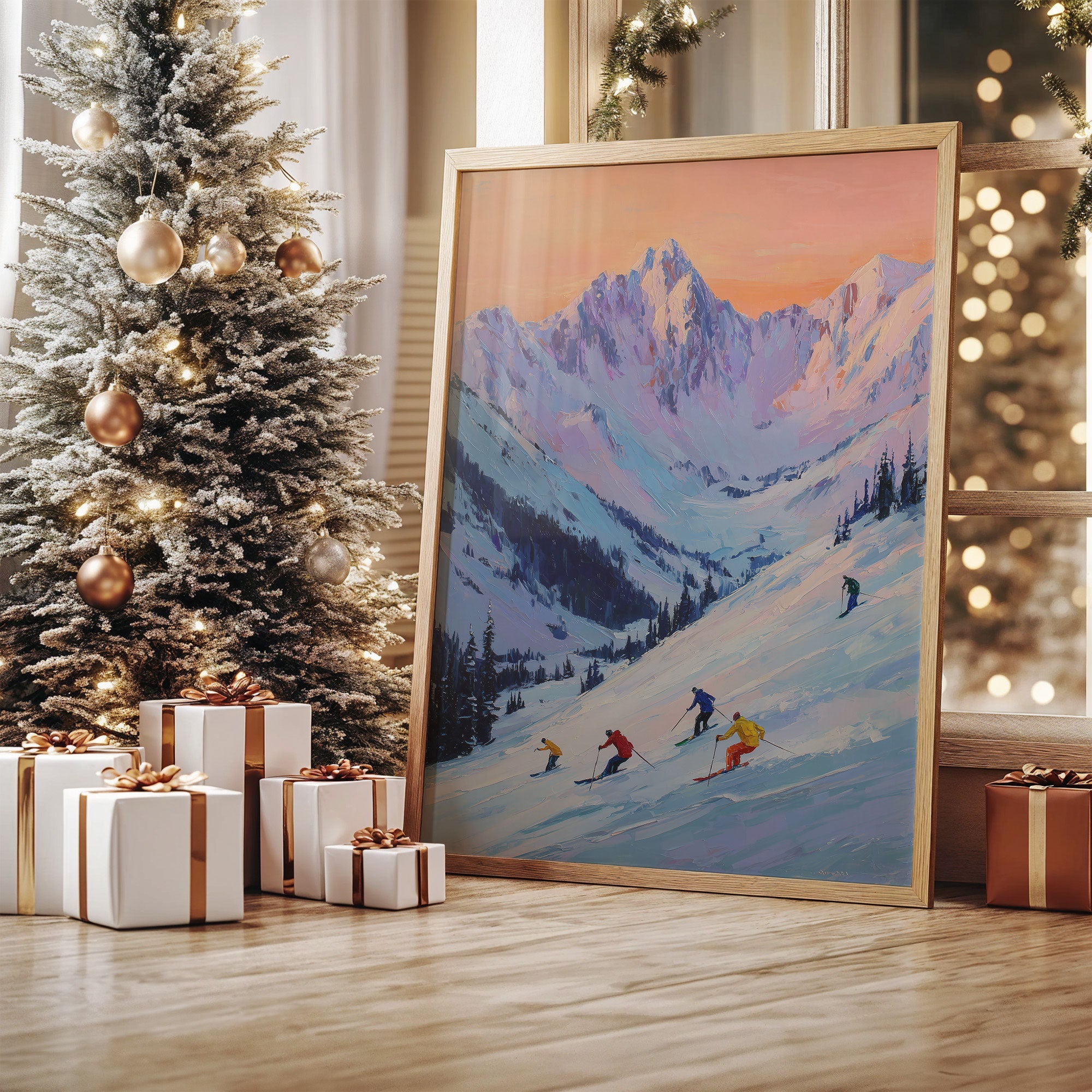 Skiers Chase Alpine Sunset Colors