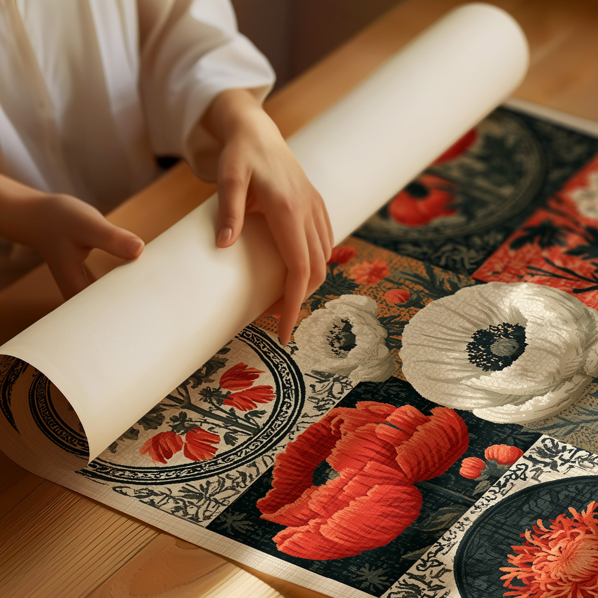 Botanical Patchwork in Red and Ink