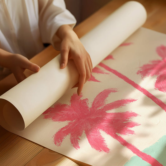 Pink Palms Over Mint Waves