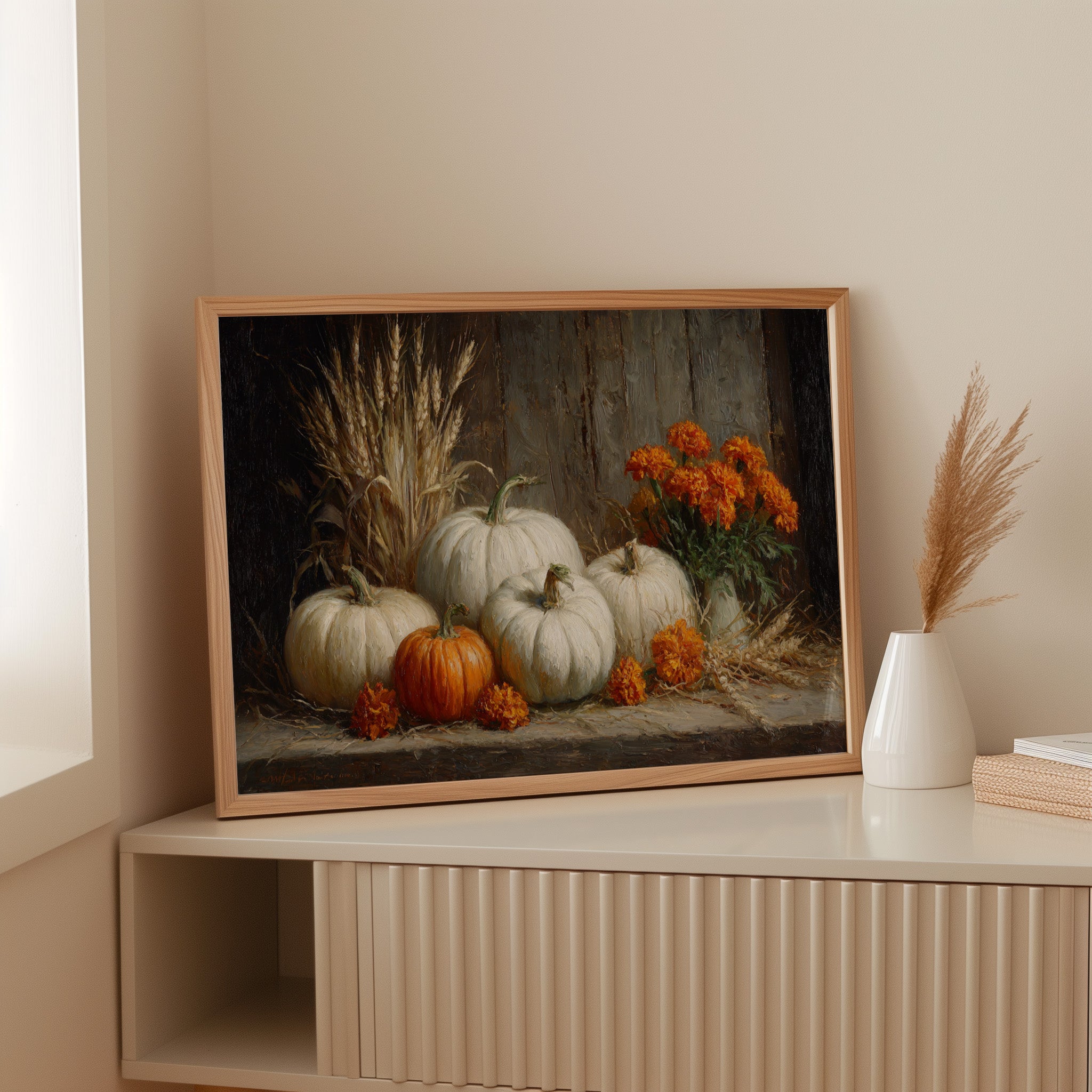 White Pumpkins Among Marigold Flames