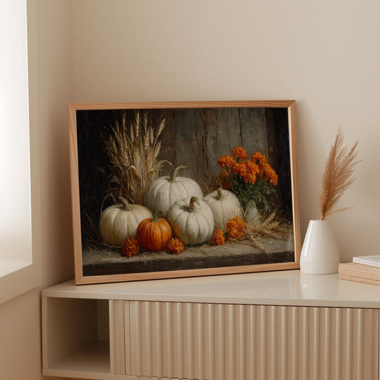 White Pumpkins Among Marigold Flames
