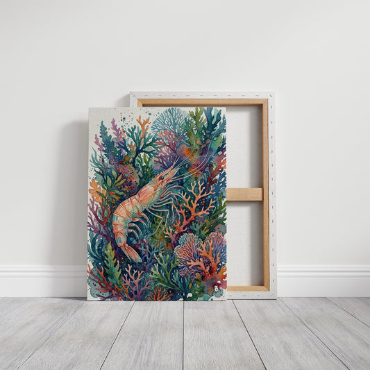 Coral Thicket Sentinel: Watercolor Shrimp Study