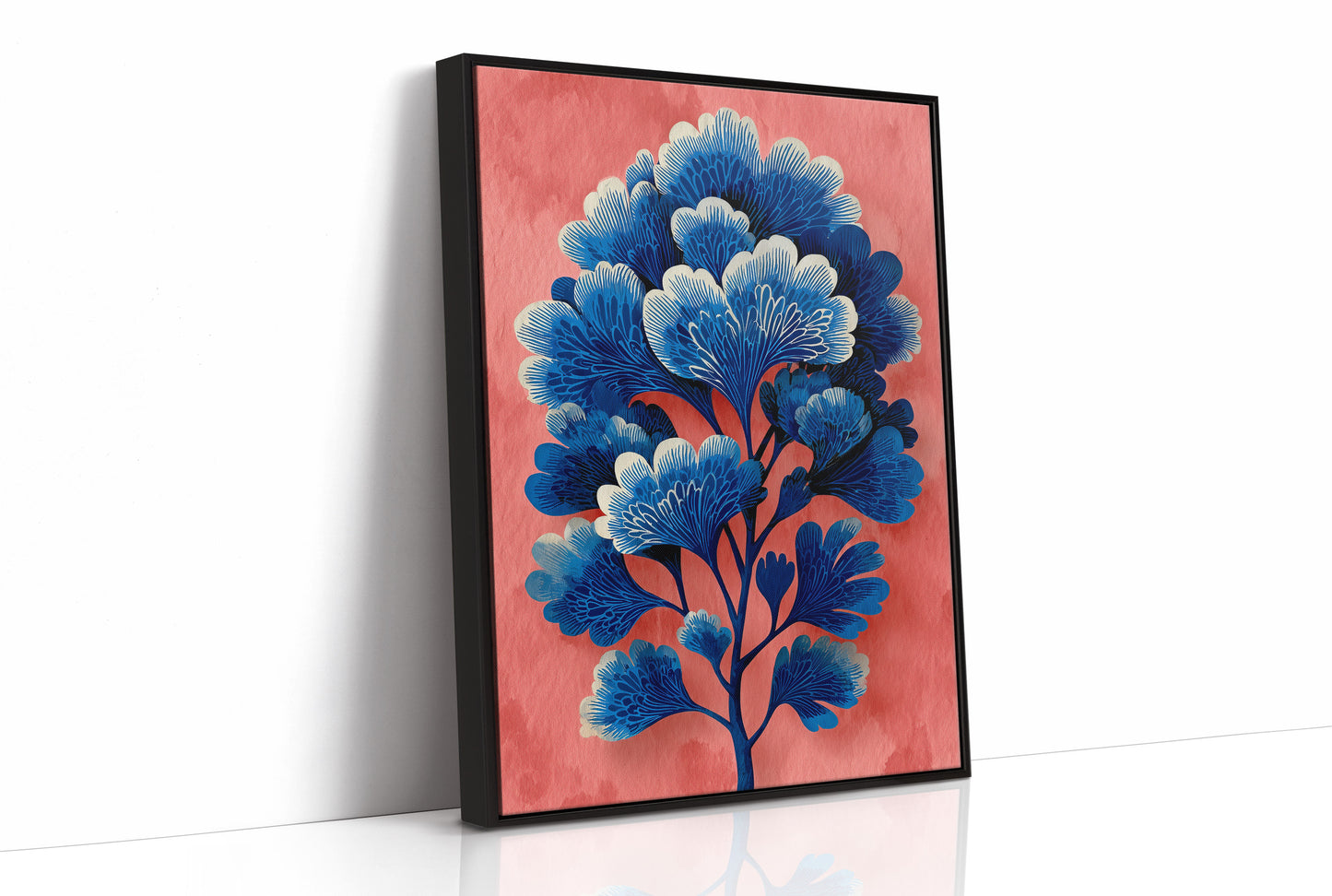 Blue Blooms on a Coral Wall