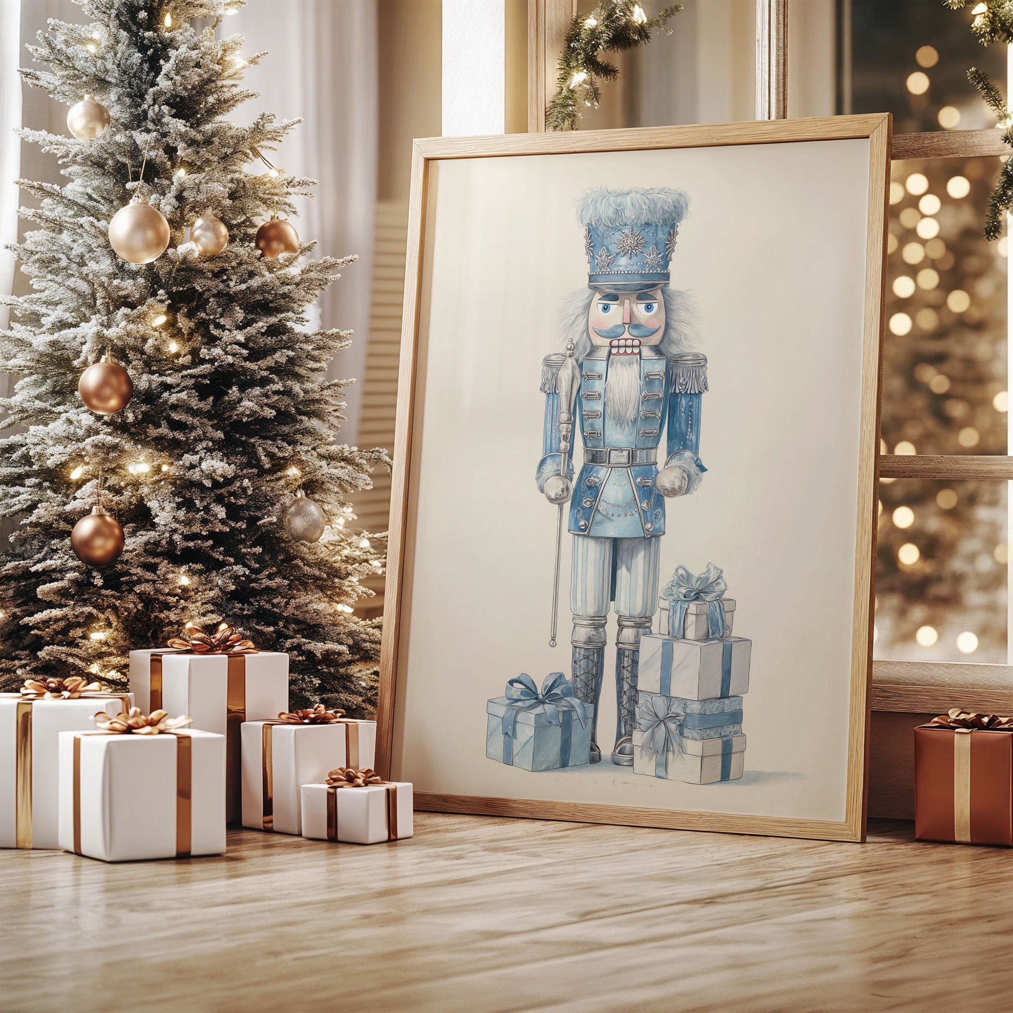 Blue Nutcracker Guards Winter's Treasures