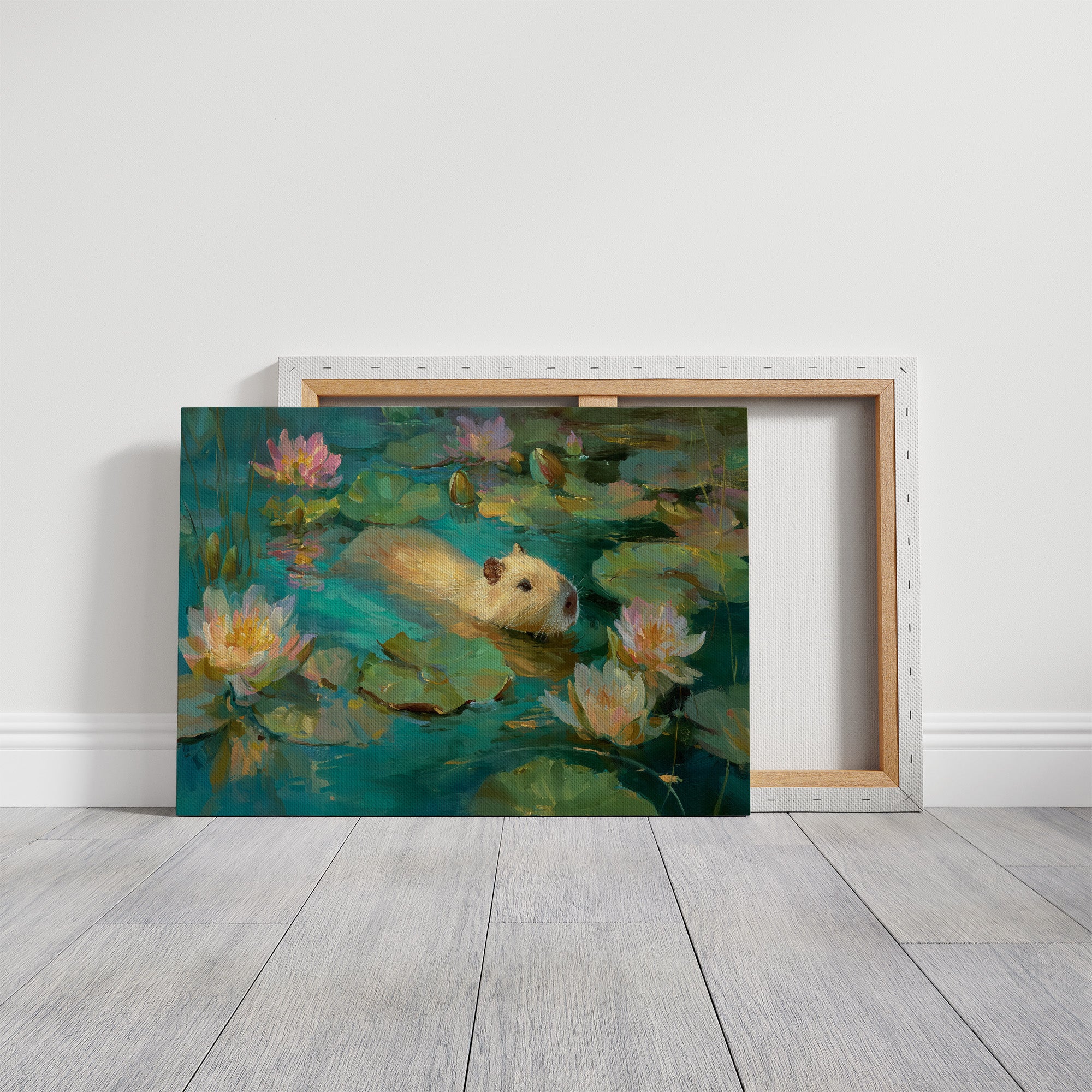Golden Swimmer Among Water Lilies
