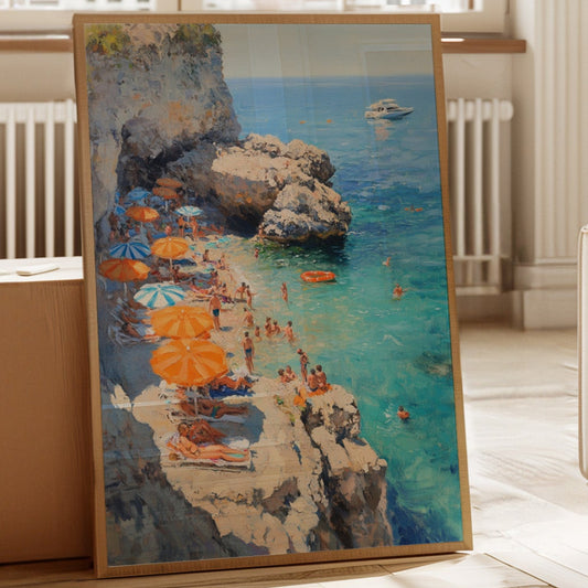 Orange Umbrellas Line Mediterranean Shores