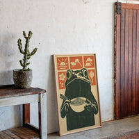 Ramen Frog in Retro Woodblock Style