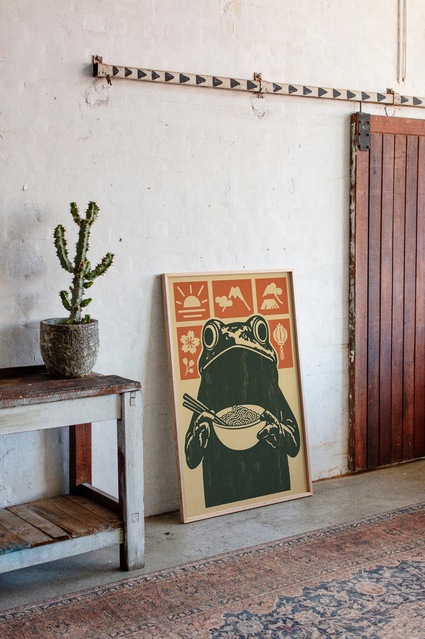 Ramen Frog in Retro Woodblock Style