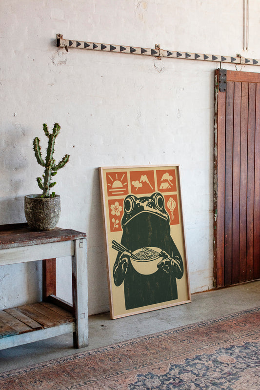 Ramen Frog in Retro Woodblock Style