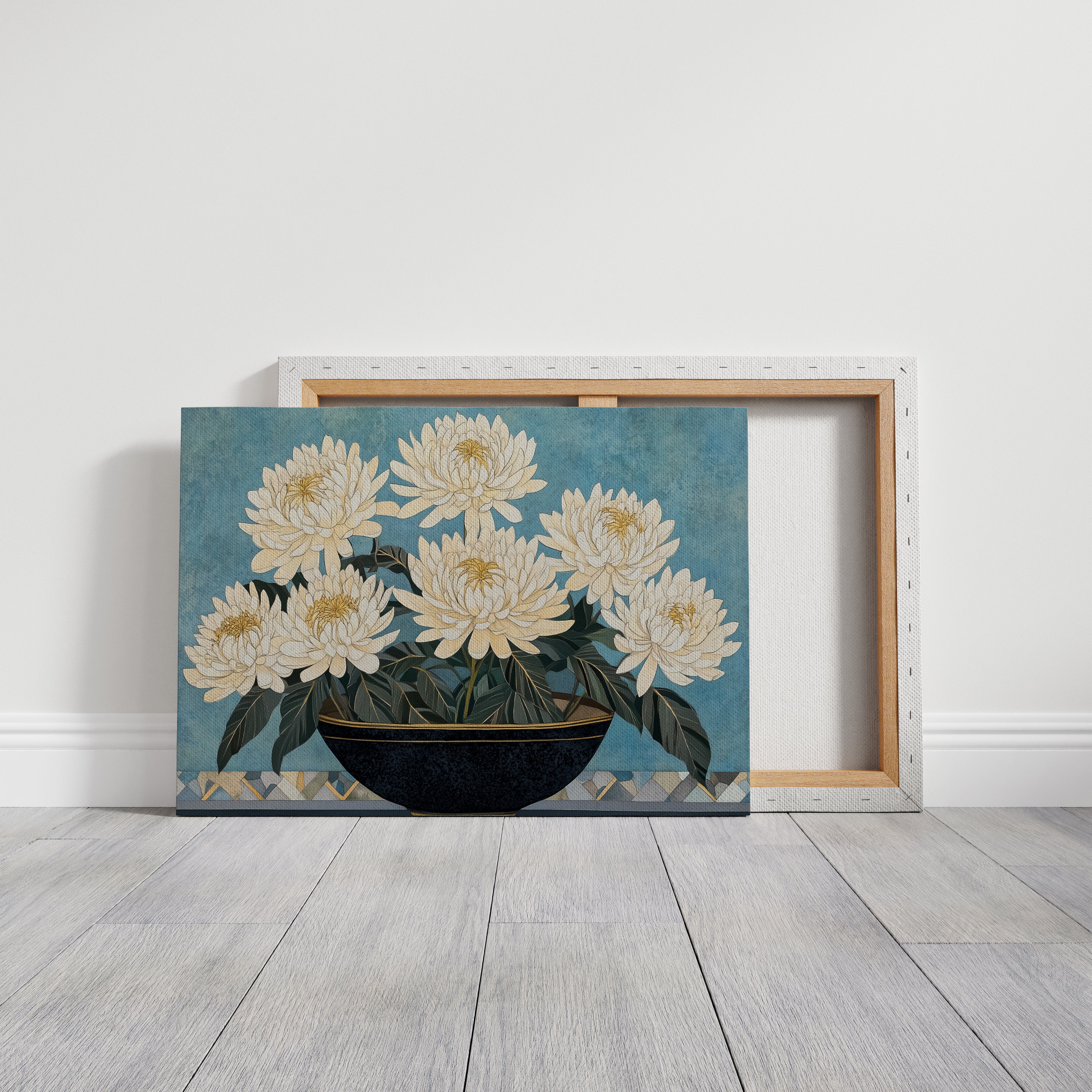 White Chrysanthemums Meet Midnight Bowl