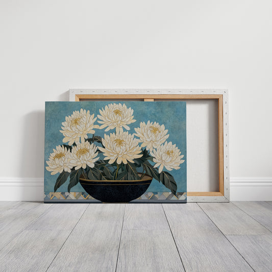 White Chrysanthemums Meet Midnight Bowl