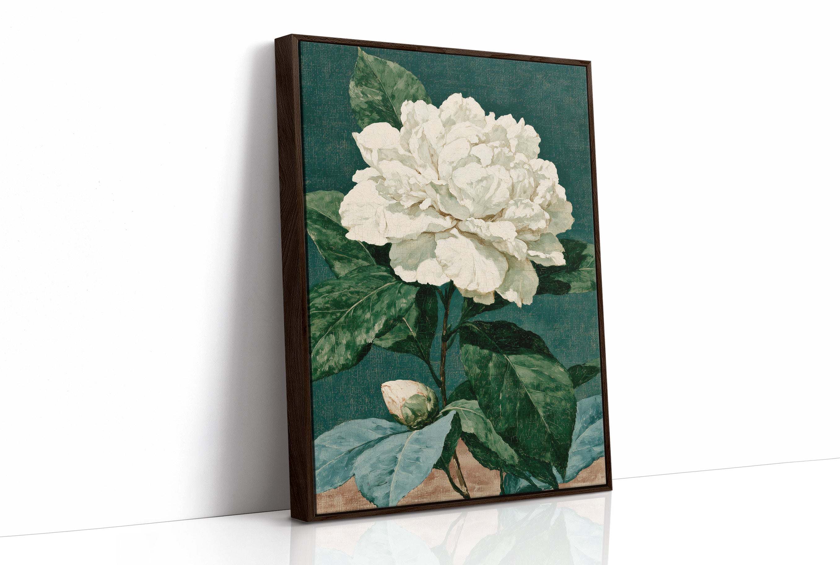 White Bloom on Cracked Teal Canvas