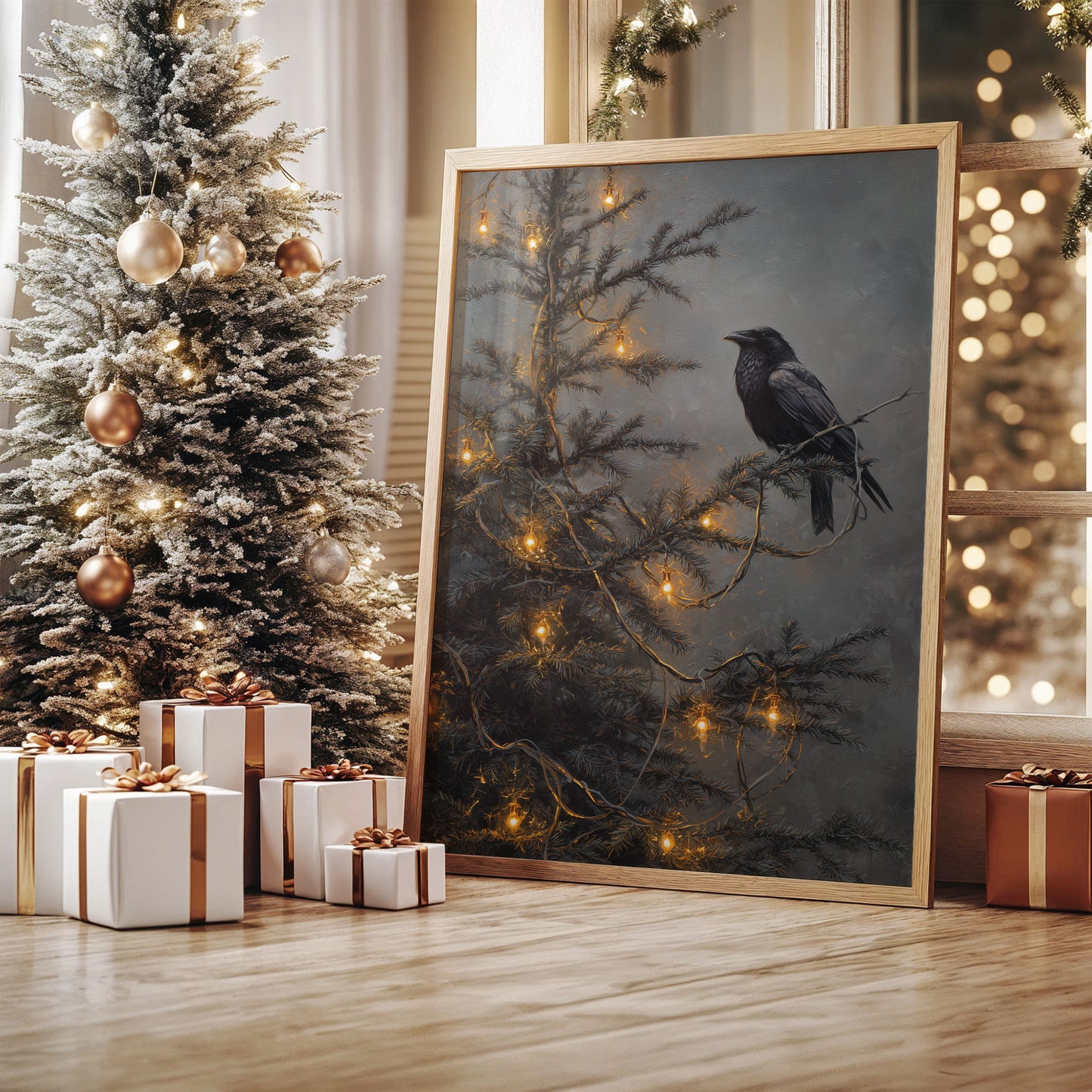 Raven Perches Among Winter Lights