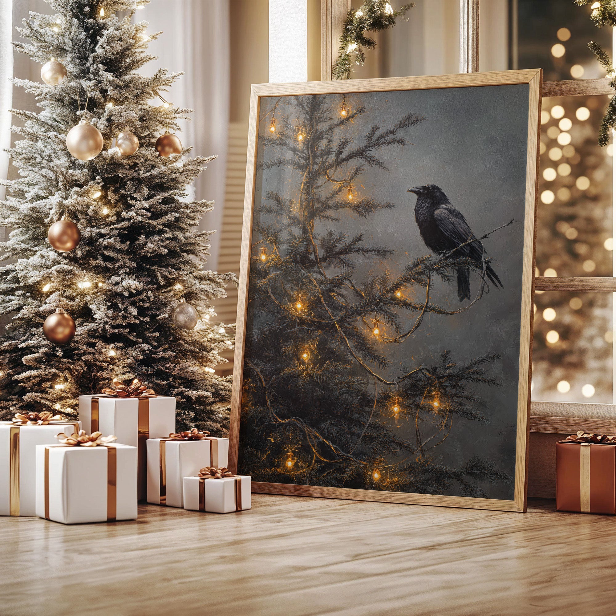 Raven Perches Among Winter Lights