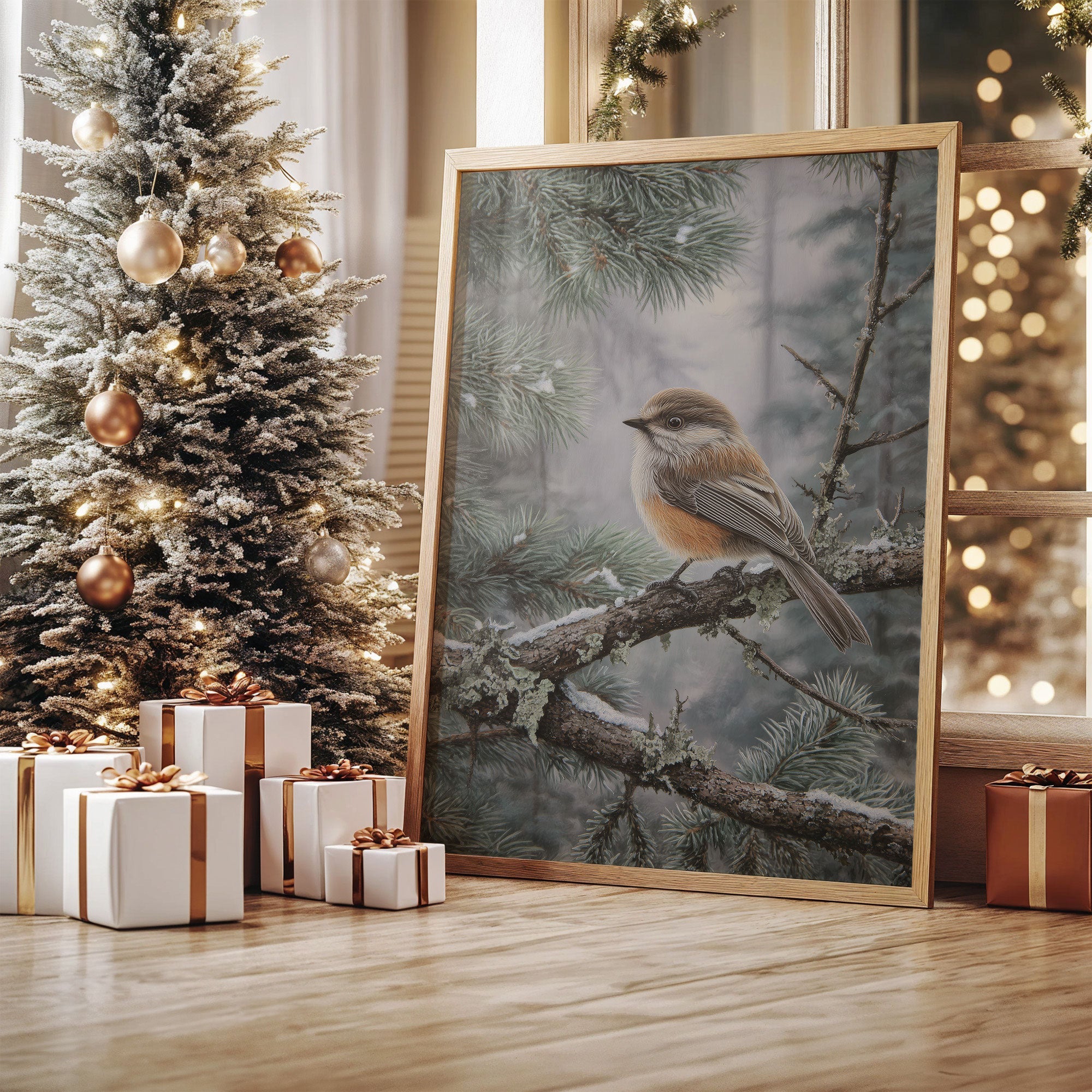 Winter Songbird Perches Among Pines